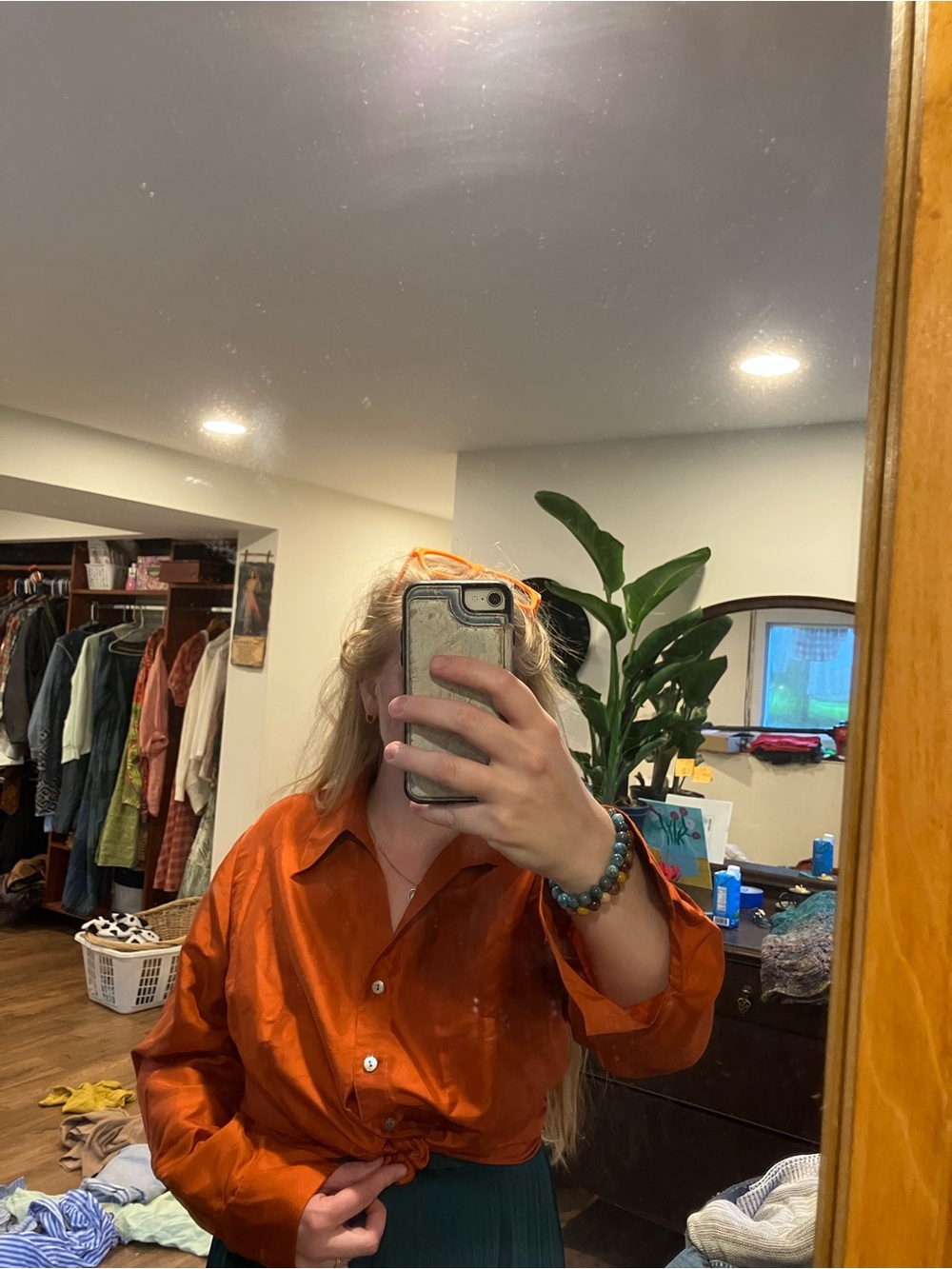 Women's Orange Silk Button-Up Shirt - Classic Collar